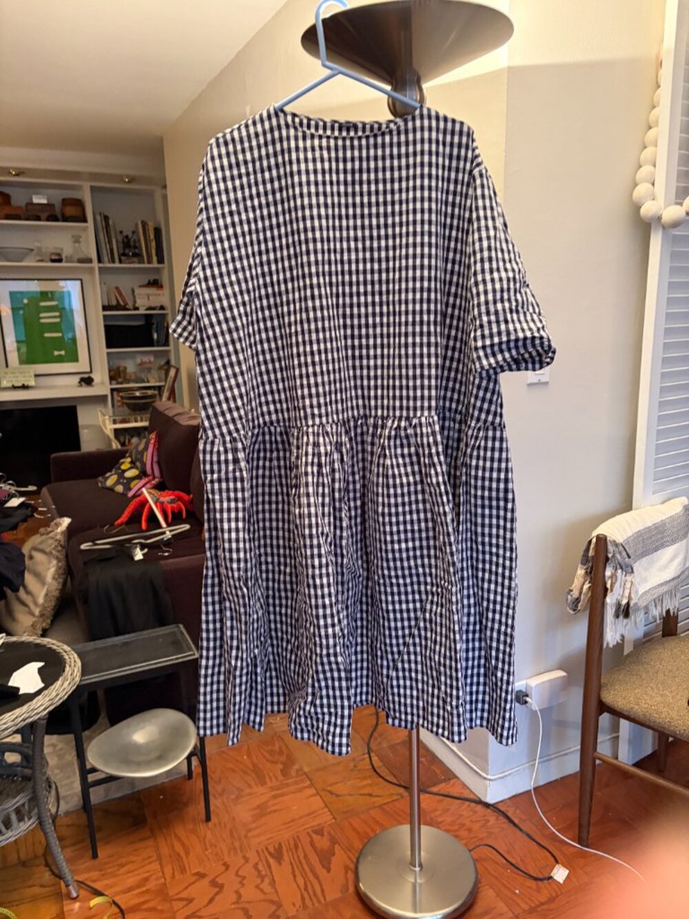 Gingham Smock Dress in Navy and White